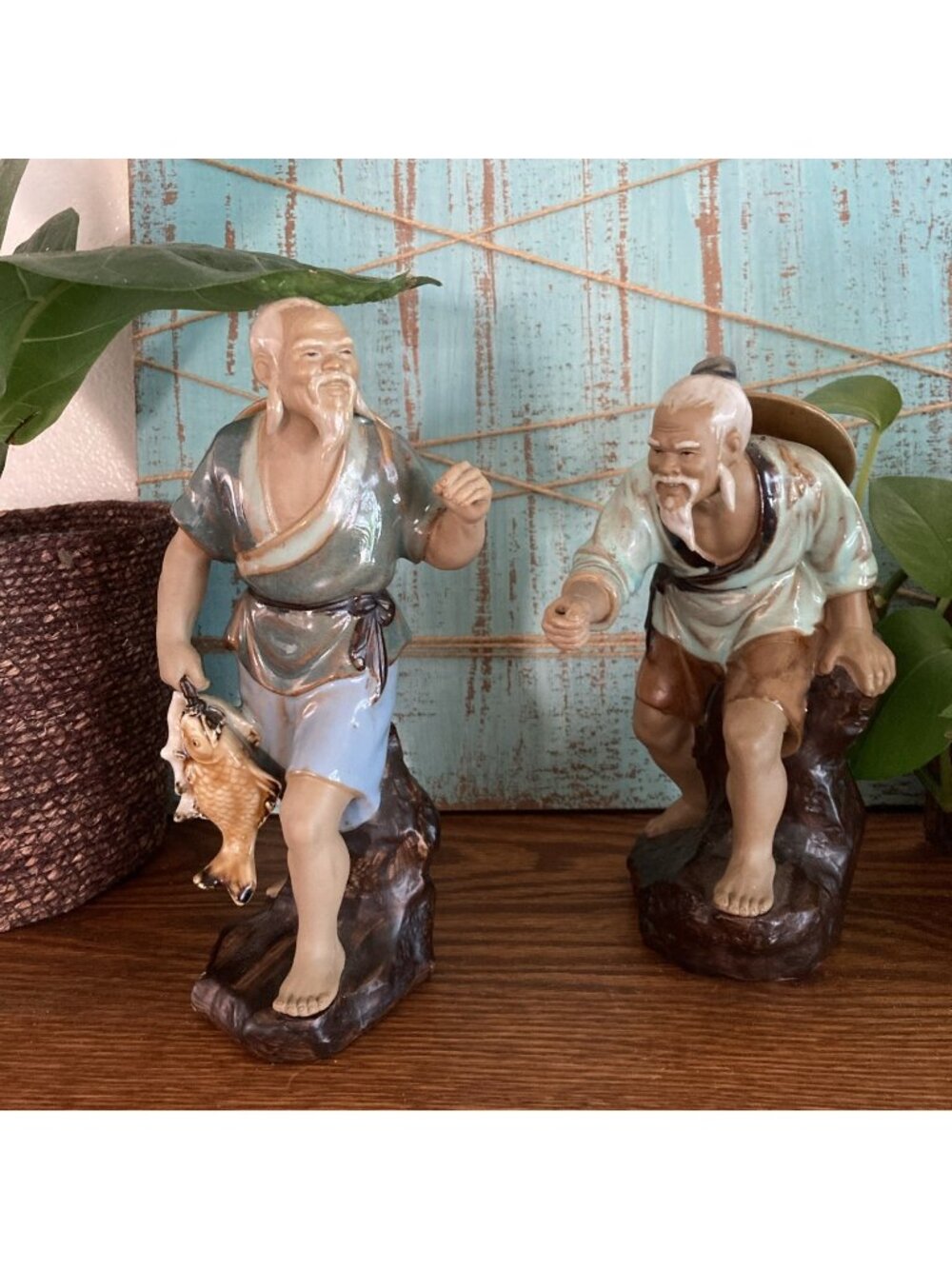 Vintage Chinese Shiwan Glazed Ceramic Figurines Fisherman 2 Pc Set